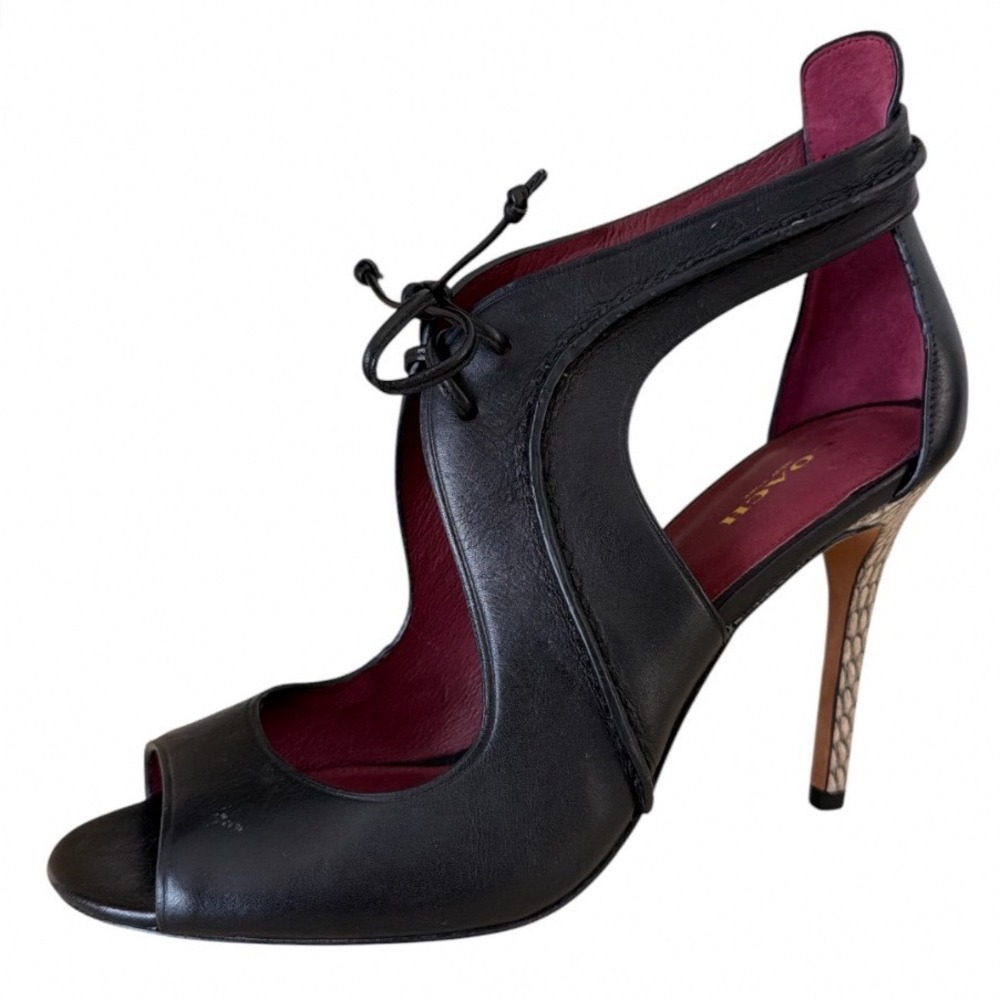 Coach Women Sz 9.5 B Black Leather Peep Toe Cutout Pumps Snakeskin Stiletto Heel